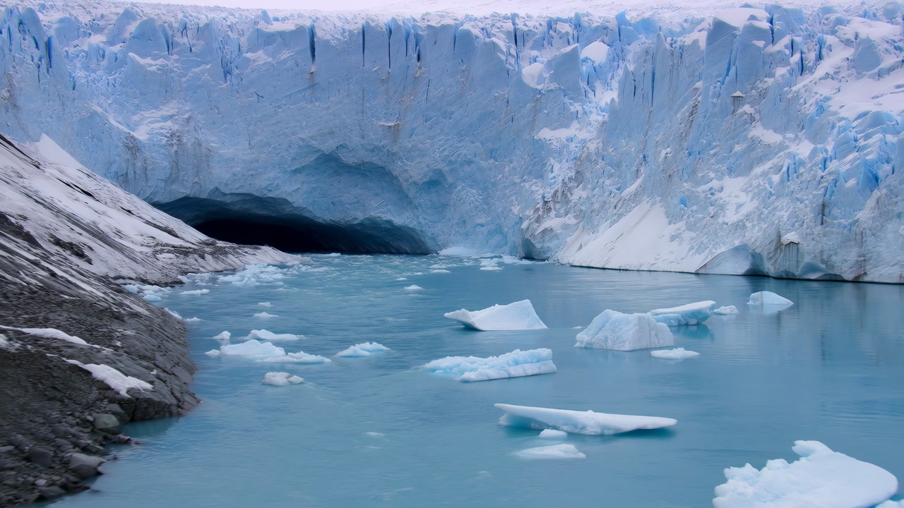 Glacial Lagoon With Floating Icebergs, Turquoise Water Framed By Towering Glacier Face, Scattered Ice Floes