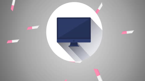 animation of falling pink and white erasers and black computer screen in white circle on grey