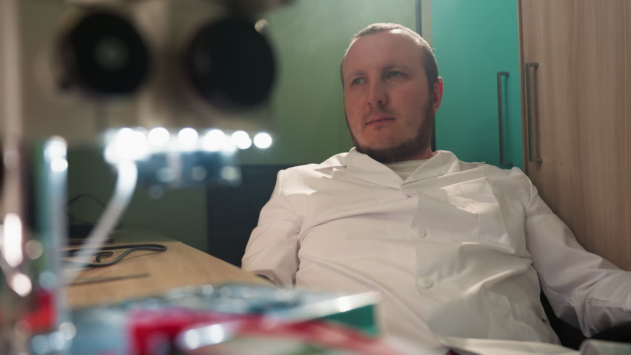 una vista de cerca de un técnico en una bata de laboratorio blanca sentado y relajado en un entorno de laboratorio, con la luz vista bajo el microscopio