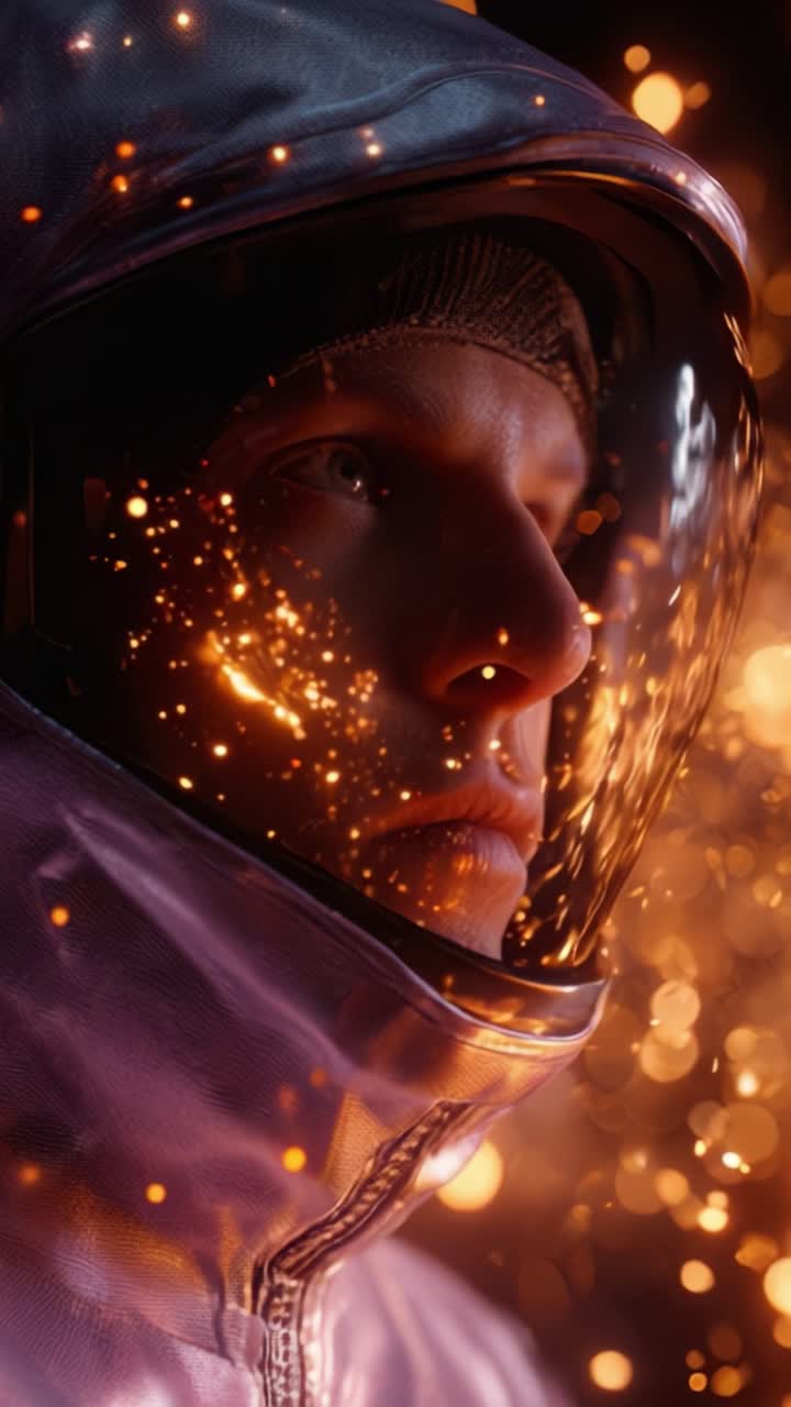 Un astronauta futuristico guarda il cosmo, illuminato da particelle scintillanti, catturando l'essenza dell'esplorazione spaziale e della curiosità umana all'interno di un'atmosfera vibrante