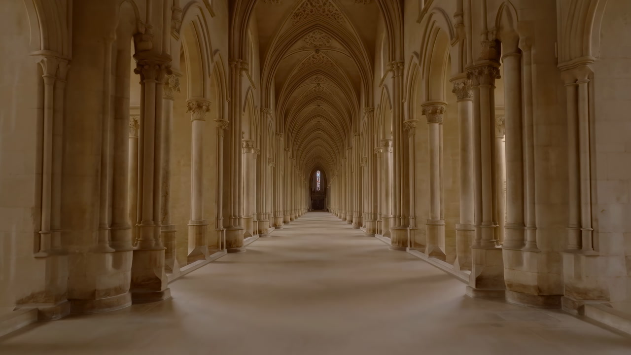 Sunlit Gothic Cloister Corridor Leading Toward Distant Doorway, Warm Limestone Columns Rise To Vaulted