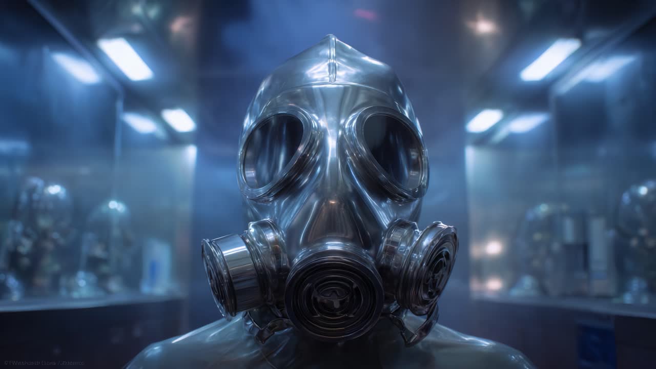 Sosok menghantui bertopeng gas logam berdiri menakutkan di lingkungan berkabut, diterangi oleh pantulan biru, memancarkan aura misteri dan ketegangan.
