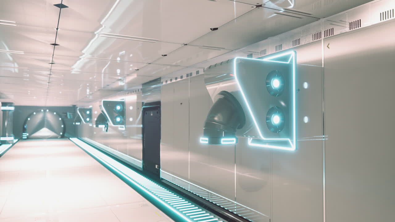 Futuristic hallway with glowing elements in a modern urban environment