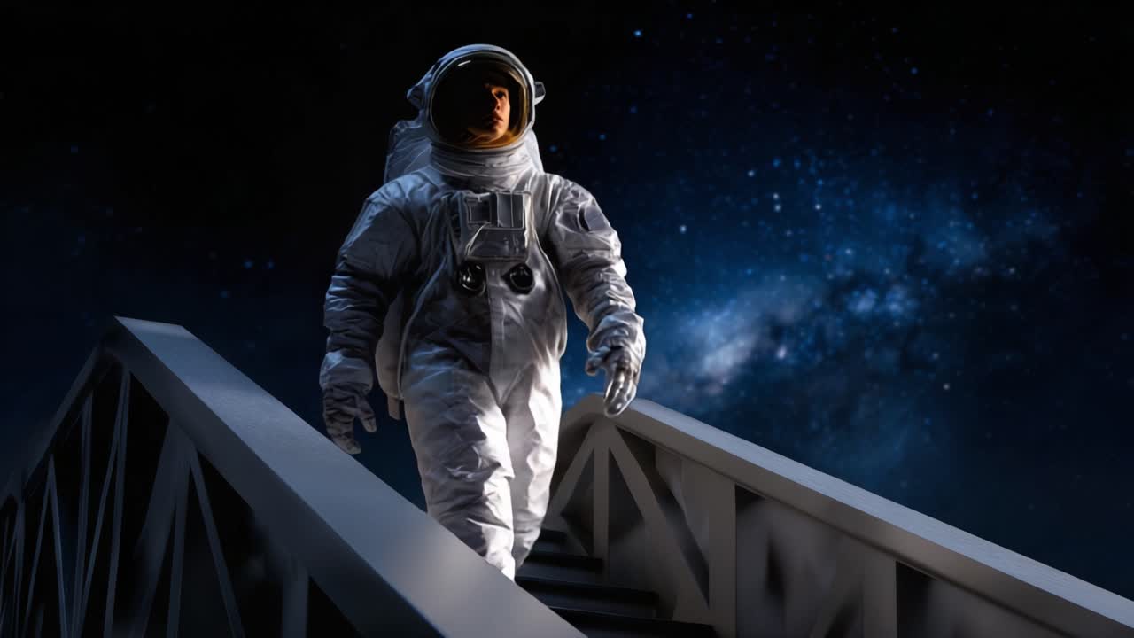 En astronaut stiger ned en romtrapp under et stjernefylt univers, som legemliggjør utforskertrangen og kosmos' underverker i denne fantastiske visuelle fremstillingen