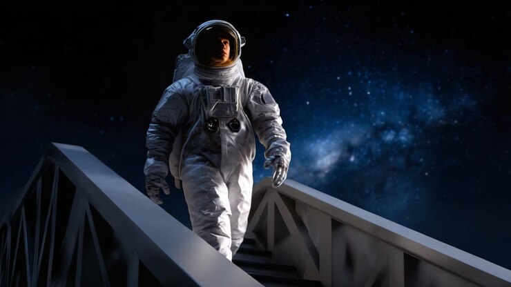 An astronaut descends a space staircase beneath a star-filled universe, embodying the spirit of exploration and the wonders of the cosmos in this stunning visual