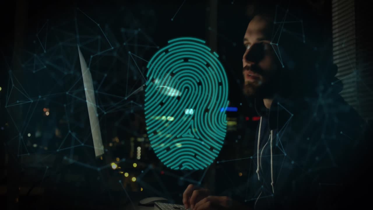 animación de huellas dactilares biométricas sobre candados de seguridad en línea y hacker masculino caucásico