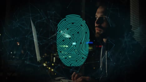 Animation-of-biometric-fingerprint-over-online-security-padlocks-and-caucasian-male-hacker