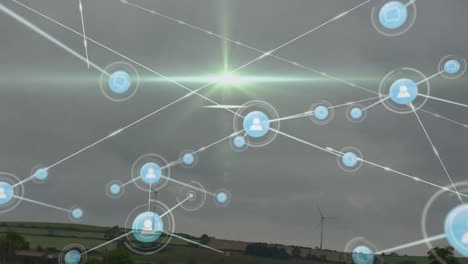 Animation of network of connections with people icons over wind turbines