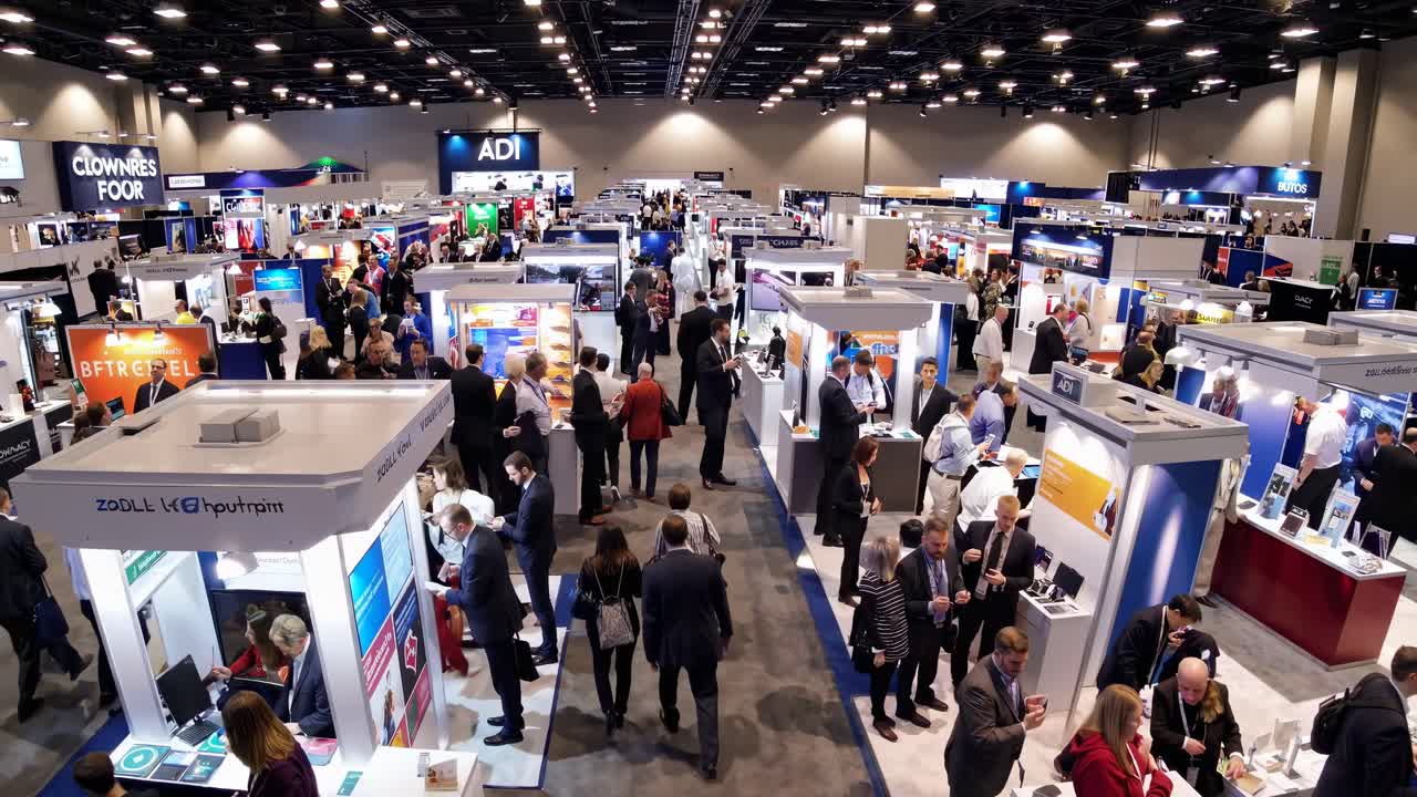 High-angle shot of a bustling trade show floor, capturing vibrant booths and attendees