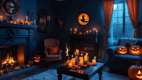 spooky halloween living room with candles and pumpkins