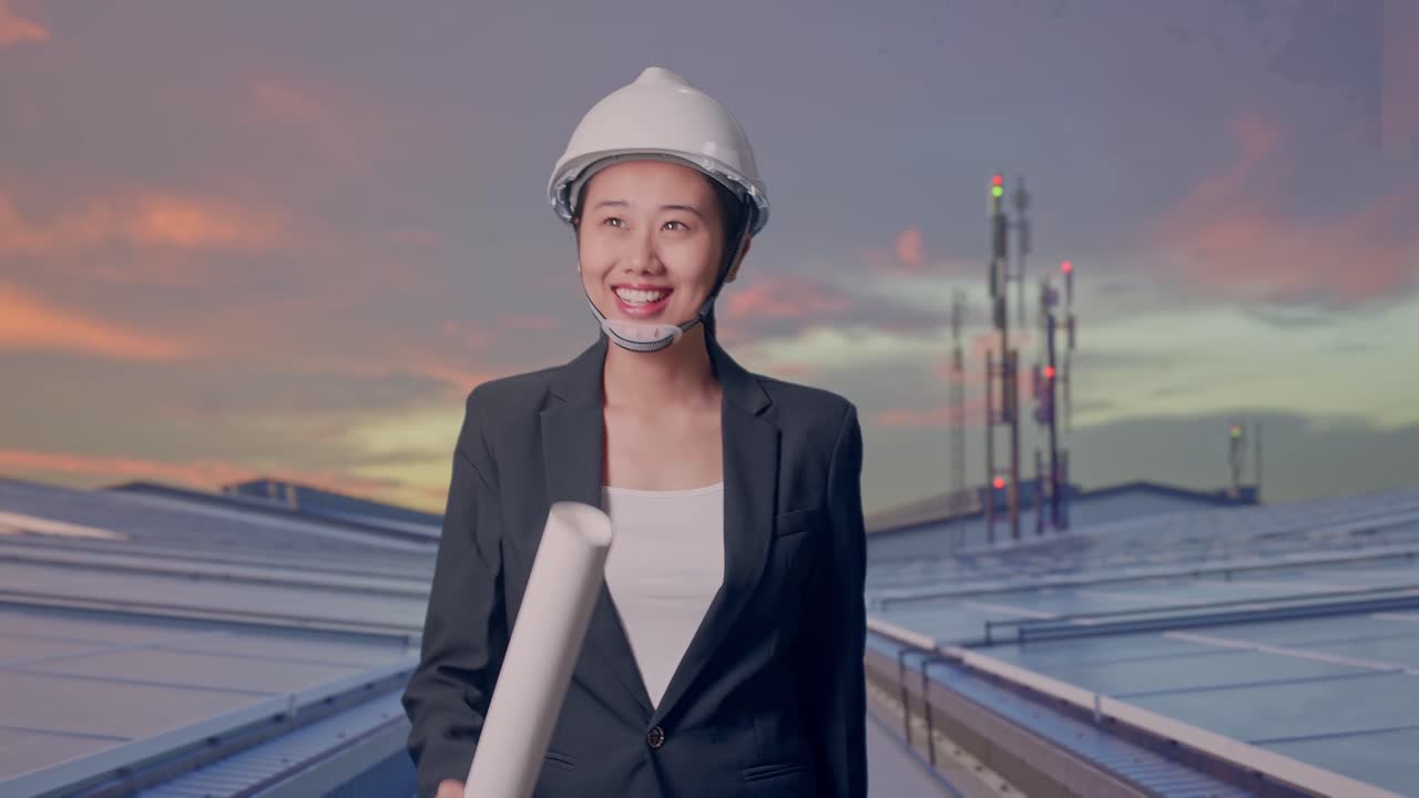 Vista frontal de empresaria asiática sosteniendo un plano mientras camina y mira a su alrededor por un tejado industrial con paneles solares