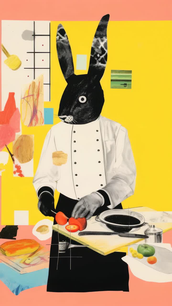 Surreal video concept featuring a rabbit-headed chef in a vibrant kitchen