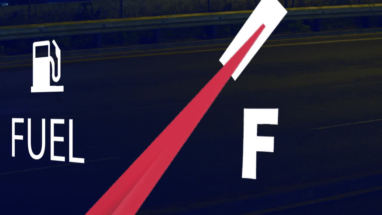Animated fuel gauge overlay showing needle sweeping left during night traffic causing empty warning