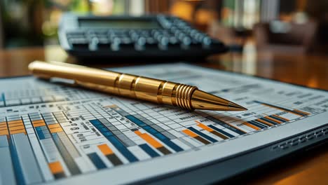 financial analysis report with calculator and pen on wooden table