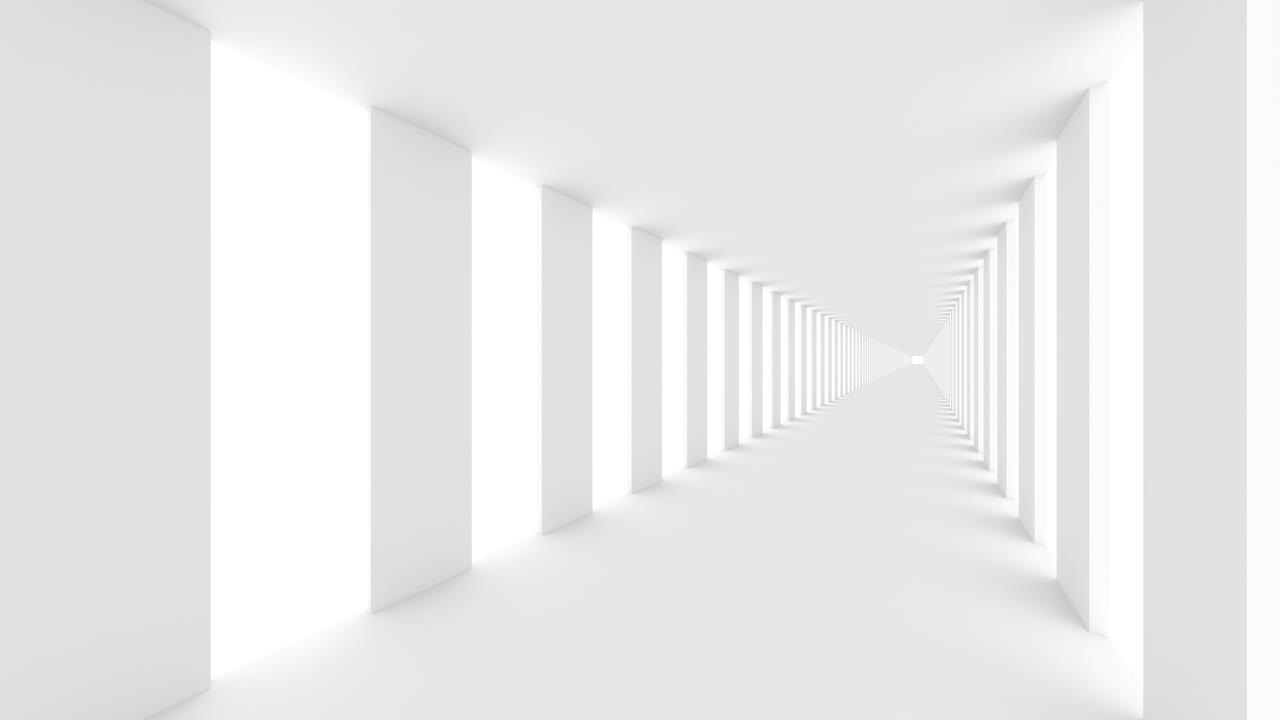 Futuristic empty white corridor with rectangular walls and bright light