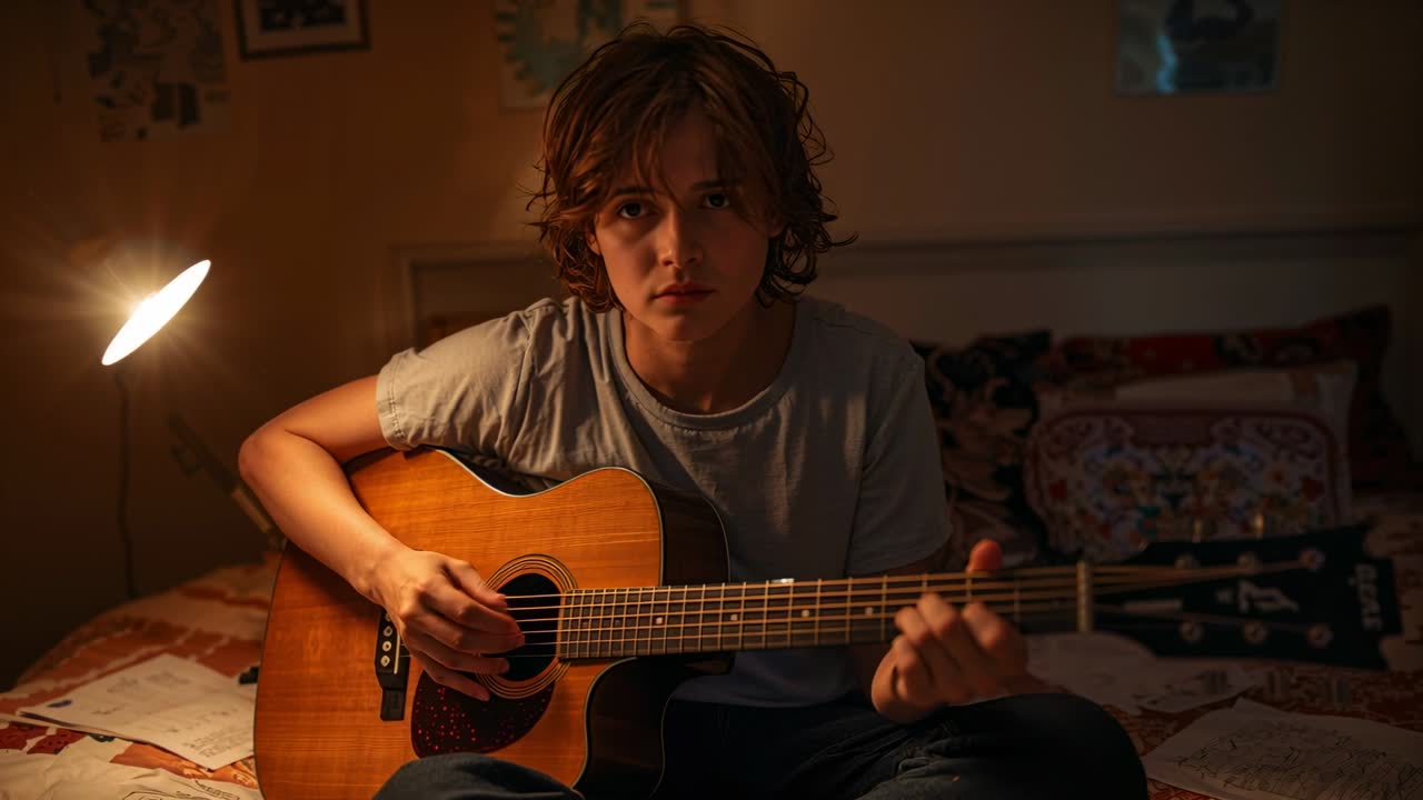 Un ragazzo adolescente inizia a suonare la chitarra, praticando gli accordi sul letto sotto una lampada con spartiti musicali.