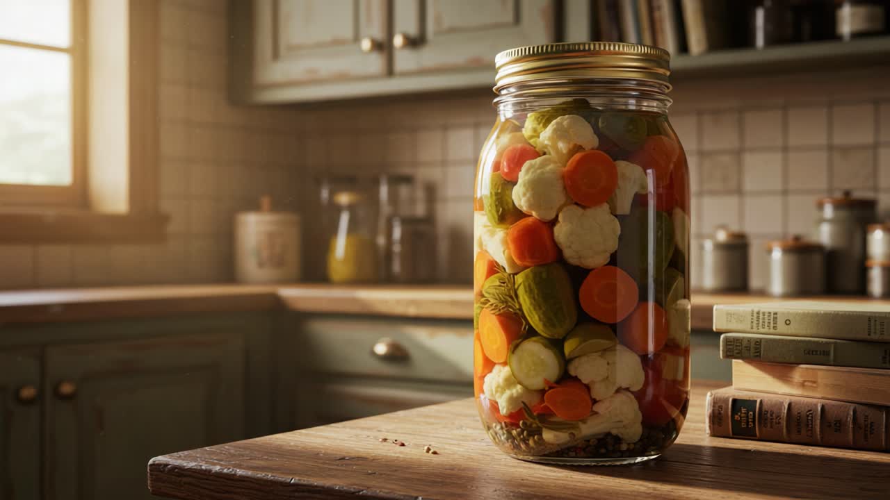 A Vibrant Jar of Pickled Vegetables Captured in a Rustic Kitchen Setting, Showcasing the Freshness and Colorful Variety of Ingredients Preserved in Brine