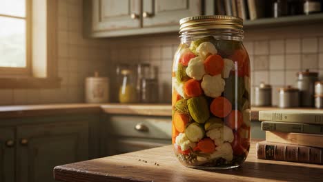 a vibrant jar of pickled vegetables captured in a rustic kitchen setting, showcasing the freshness and colorful variety of ingredients preserved in brine