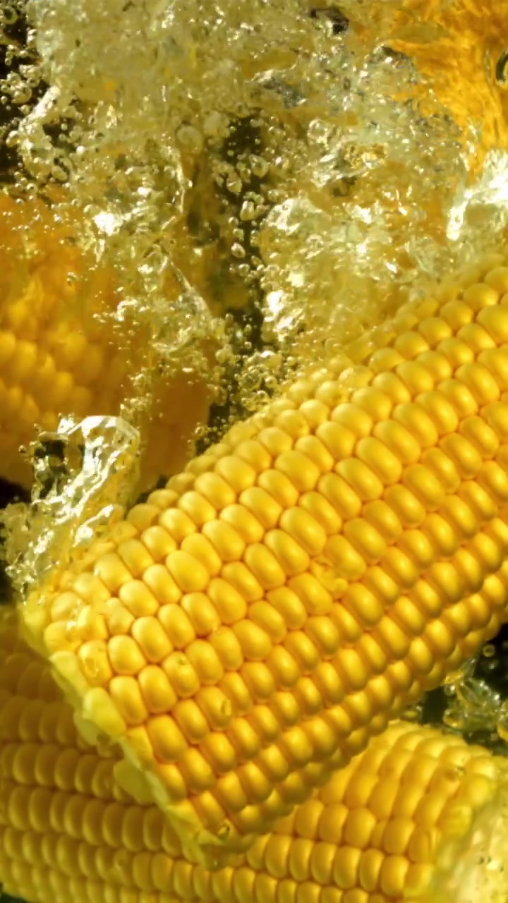 Fresh Corn Cobs Falling into Water with Bubbles in Slow Motion
