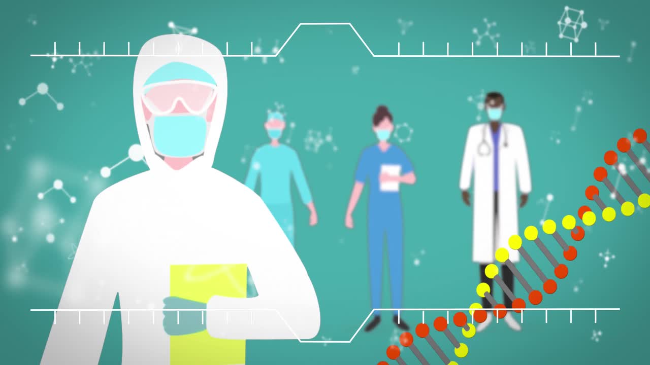 dna 가닥과 분자 구조가 얼굴 마스크를 착용한 의료 종사자들을 향해 움직입니다.