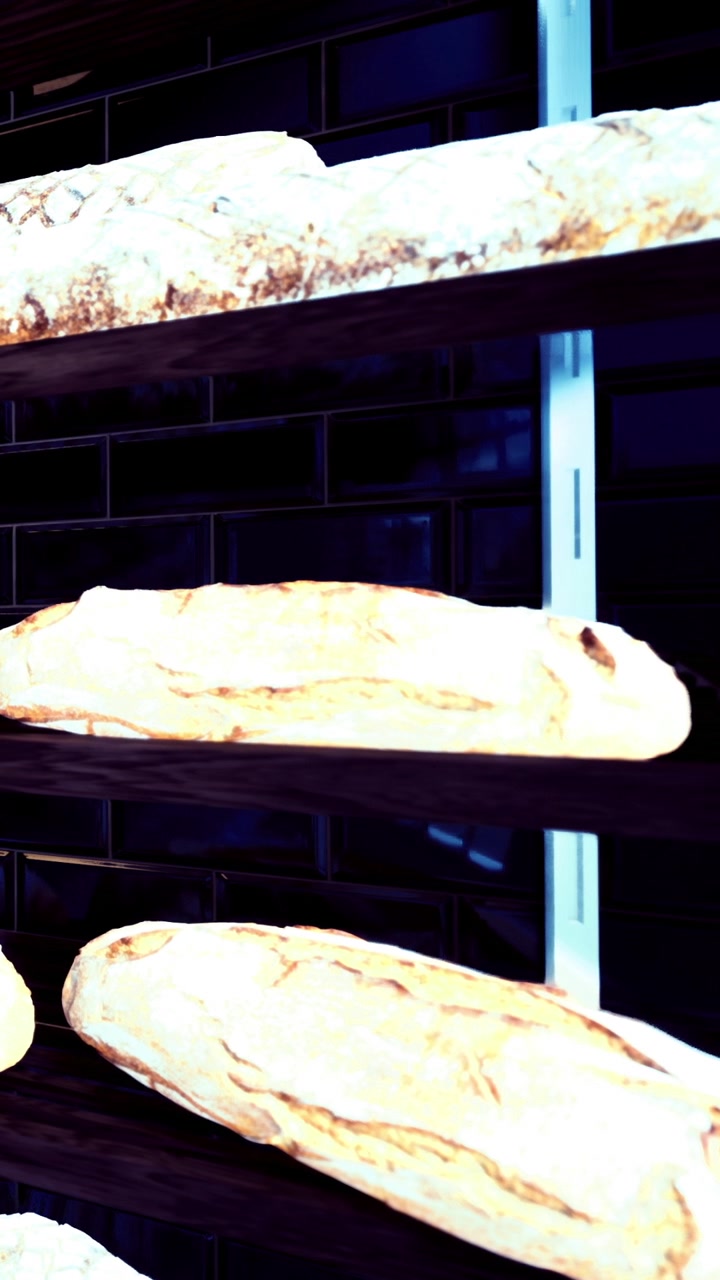 Pane appena sfornato allineato su scaffali di legno in una panetteria vivace.