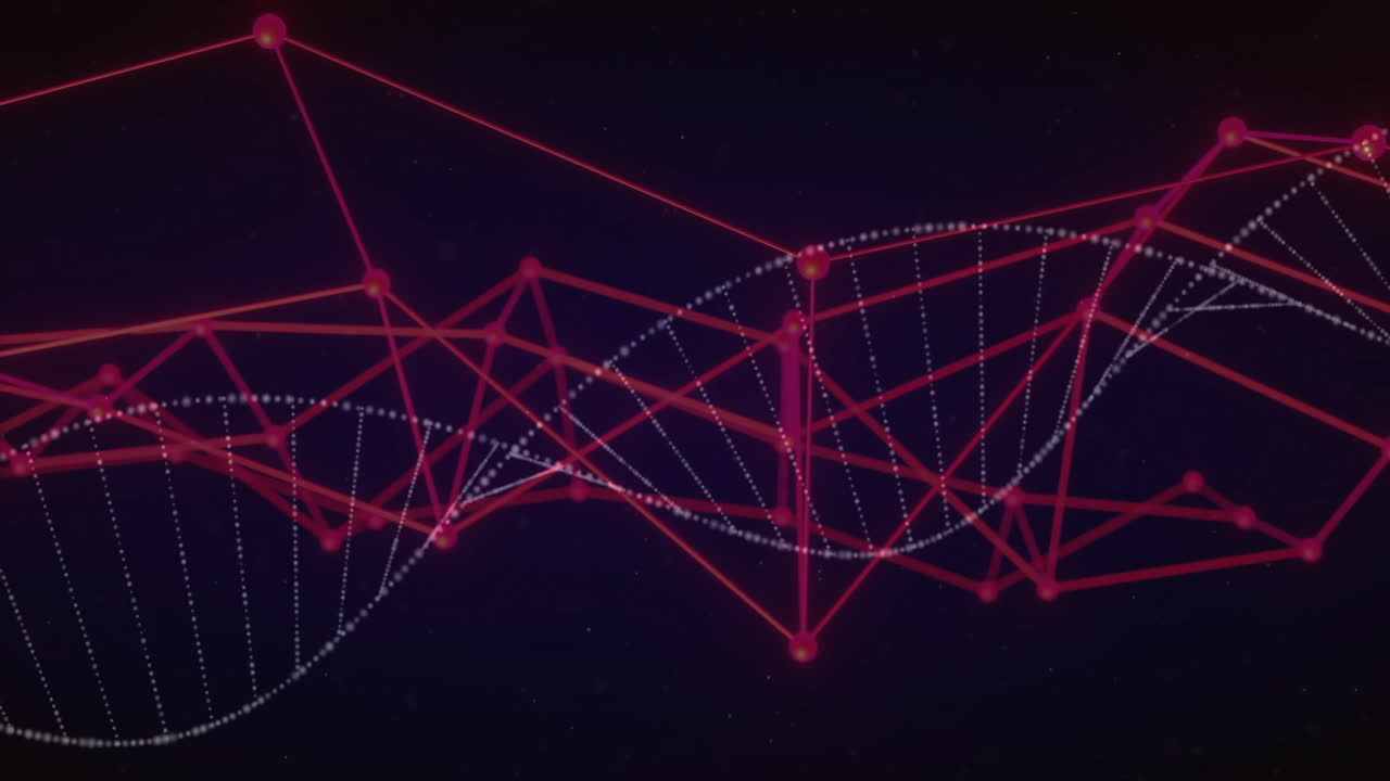 Red and white network connections forming abstract shapes over dark background