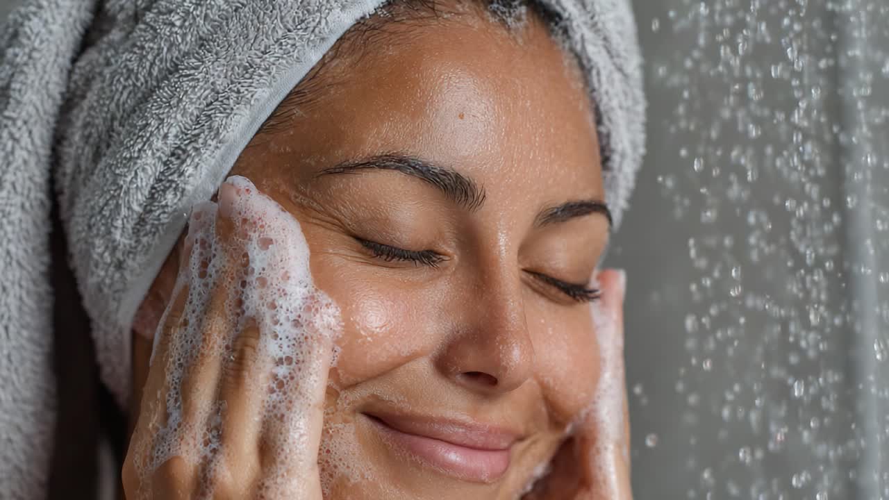 Relaxing and Invigorating Facial Cleansing Routine: A Woman Enjoys a Refreshing Wash While Showering, Embracing Self-Care and Happiness in the Moment