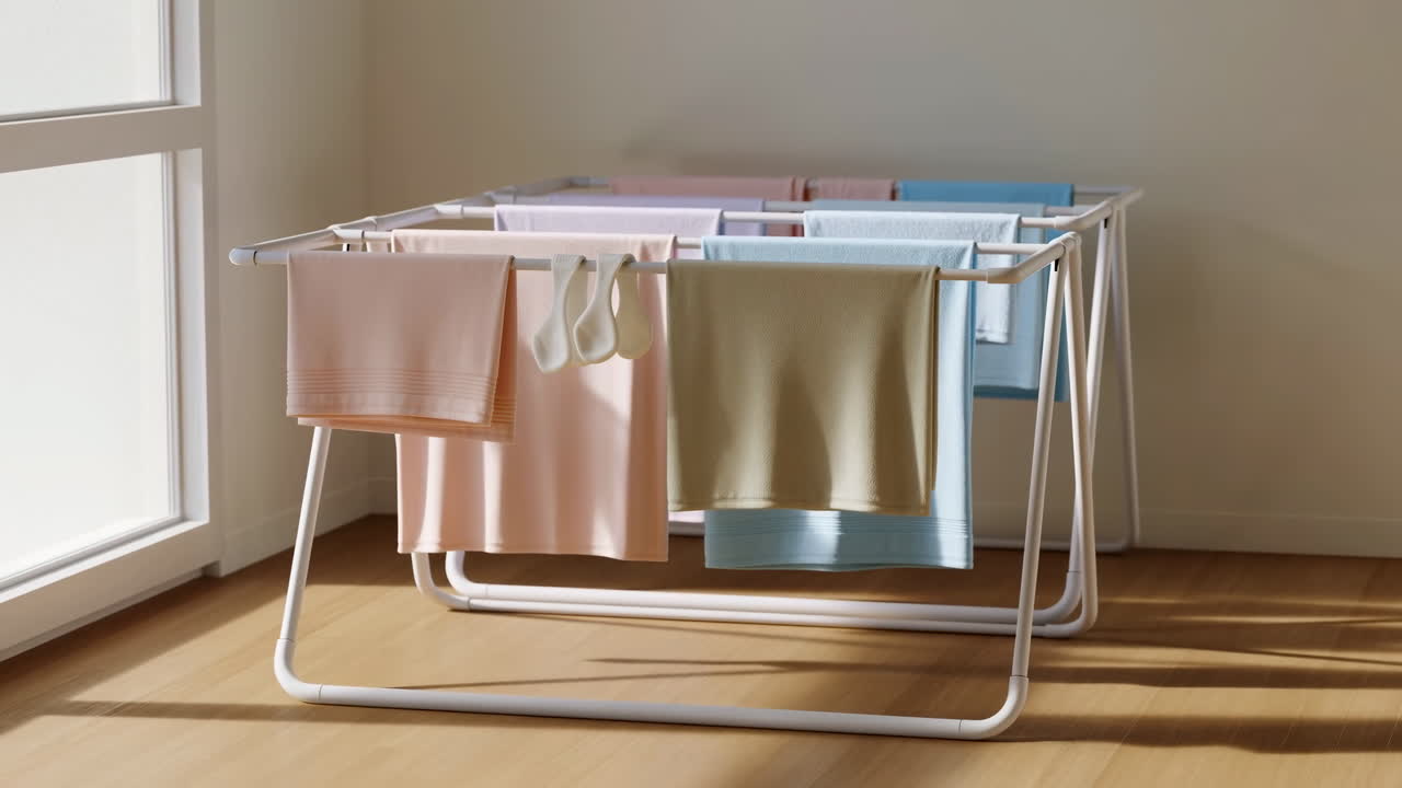 Sunlit Window Drying Rack With Pastel Towels And Socks, Morning Light Casting Soft Shadows On Hardwood Floor,