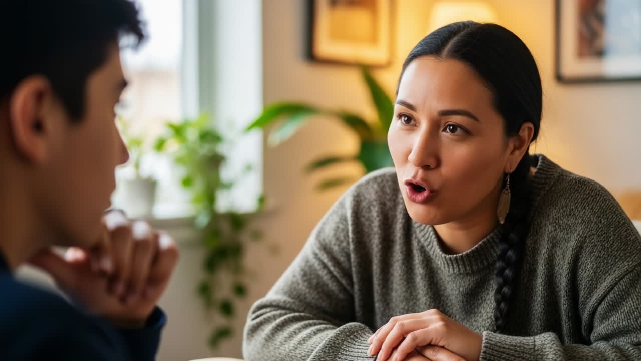 A Thoughtful Conversation Unfolds: A Woman Engages in Deep Discussion with a Young Man, Exploring Emotions, Ideas, and Insights in a Cozy, Natural Setting Surrounded by Greenery and Warm Lighting