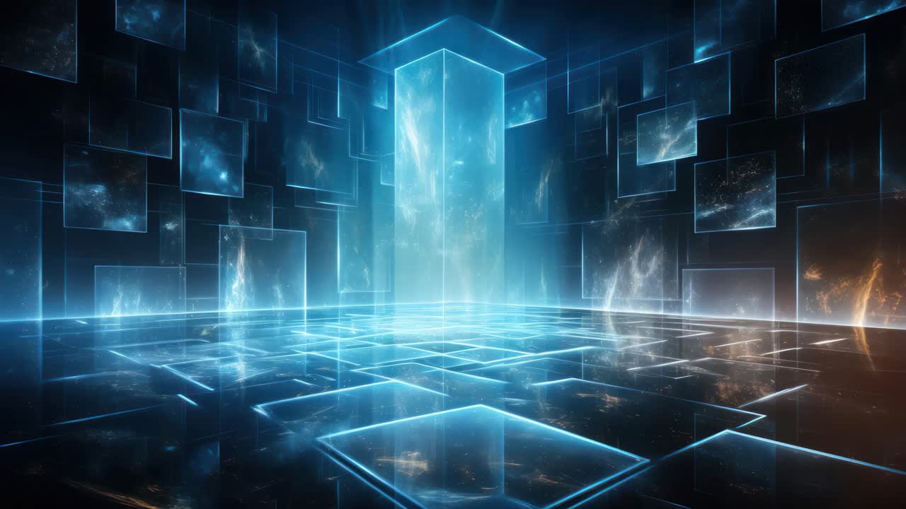 Futuristic digital grid with glowing blue panels, viewed from a low angle