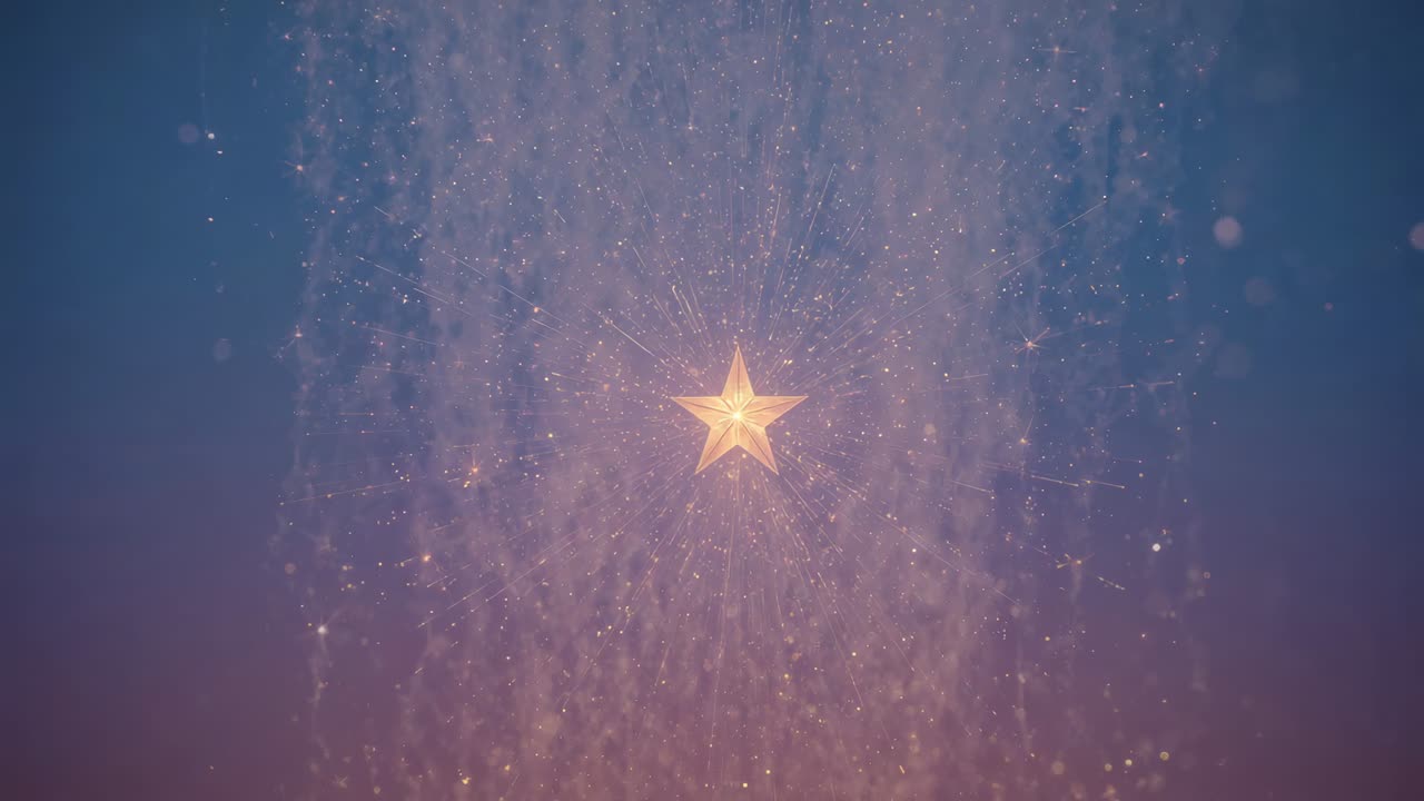 Appearing centered gold star sending long rays at gradient backdrop, creating starburst with sparks