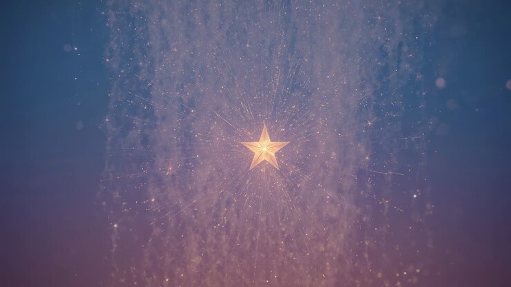 Stella dorata centrata con lunghi raggi su sfondo sfumato, che crea un effetto starburst con scintille