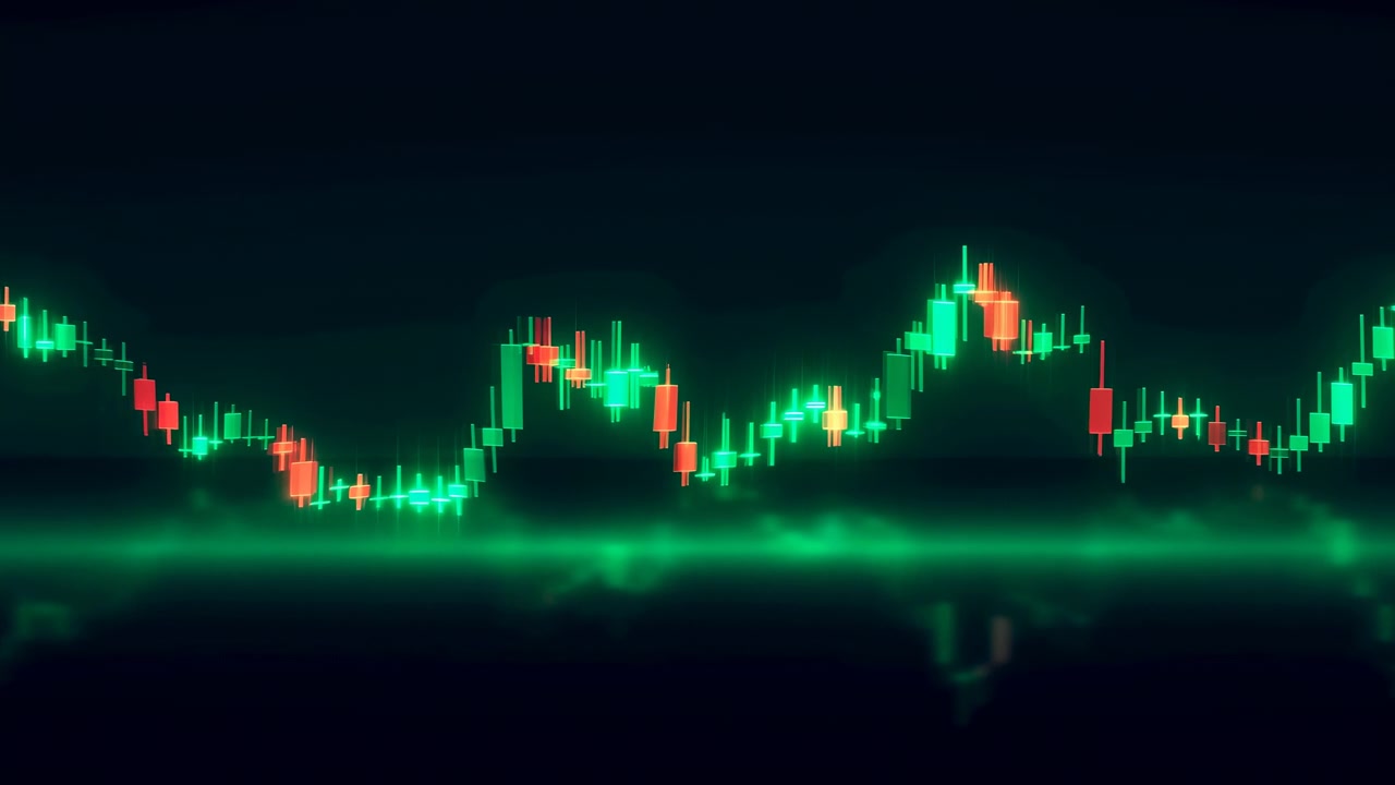 A horizontal financial chart with glowing green and red candlesticks stretches across a dark abstract background, suggesting market movement, trading activity