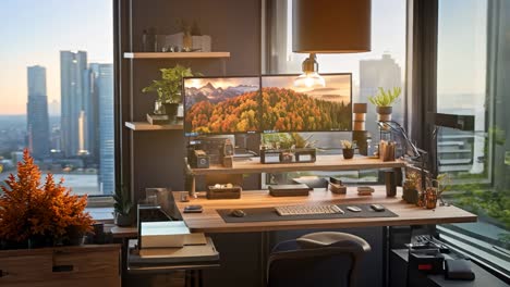 modern office workspace with dual monitors and natural light in city