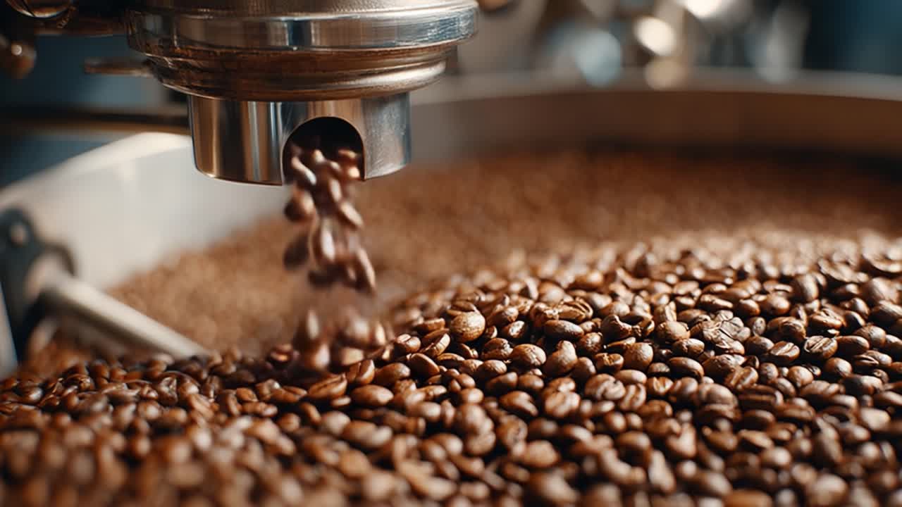 A Captivating Close-Up of Roasted Coffee Beans Being Dispensed from a Grinder, Showcasing Their Rich Texture and Aroma in a Craft Coffee Environment