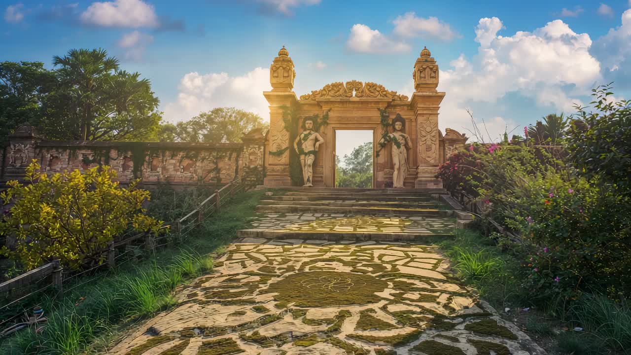 Moving camera panning stone gateway and patterned walkway with guardian figures, revealing reliefs