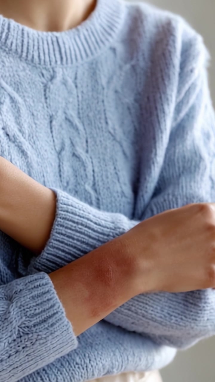 A Close-Up View of a Person's Arm Wearing a Light Blue Cable Knit Sweater, Showcasing a Distinct Skin Tone Variation on the Forearm