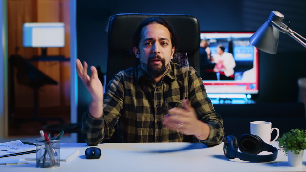 POV of influencer filming himself in home studio, doing daily vlog