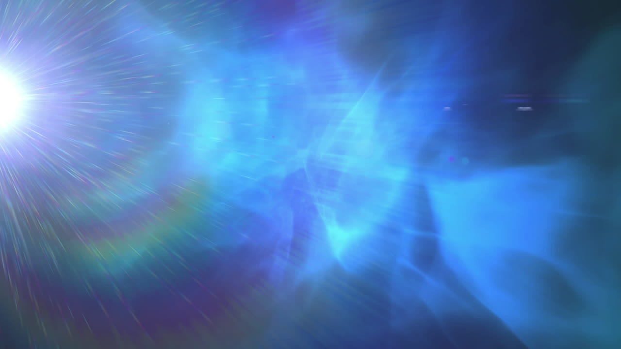 푸른 배경에 반 ⁇ 이는 연기 효과에 대항하여 렌즈 플레어의 디지털 애니메이션
