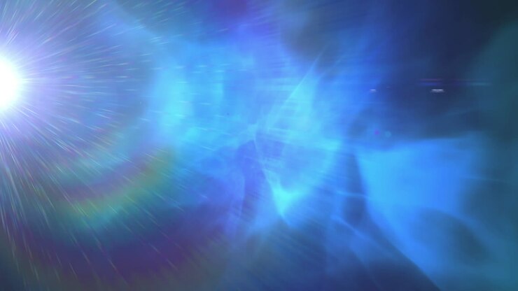 Digital animation of lens flare against glowing smoke effect on blue background