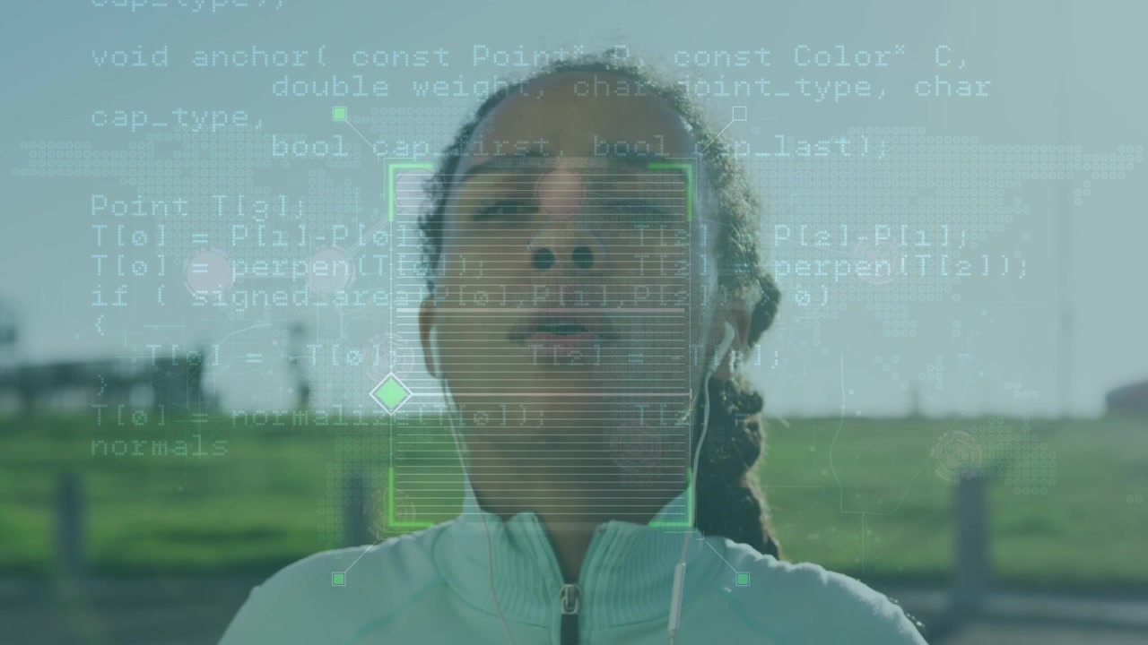 Data processing against close up of african american fit woman wearing earphones outdoor