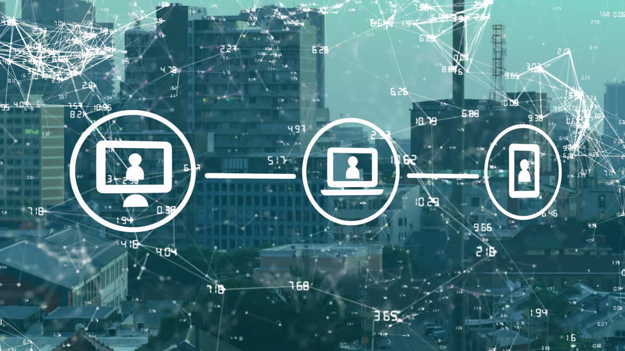 red de conexiones y animación de procesamiento de datos sobre el paisaje urbano