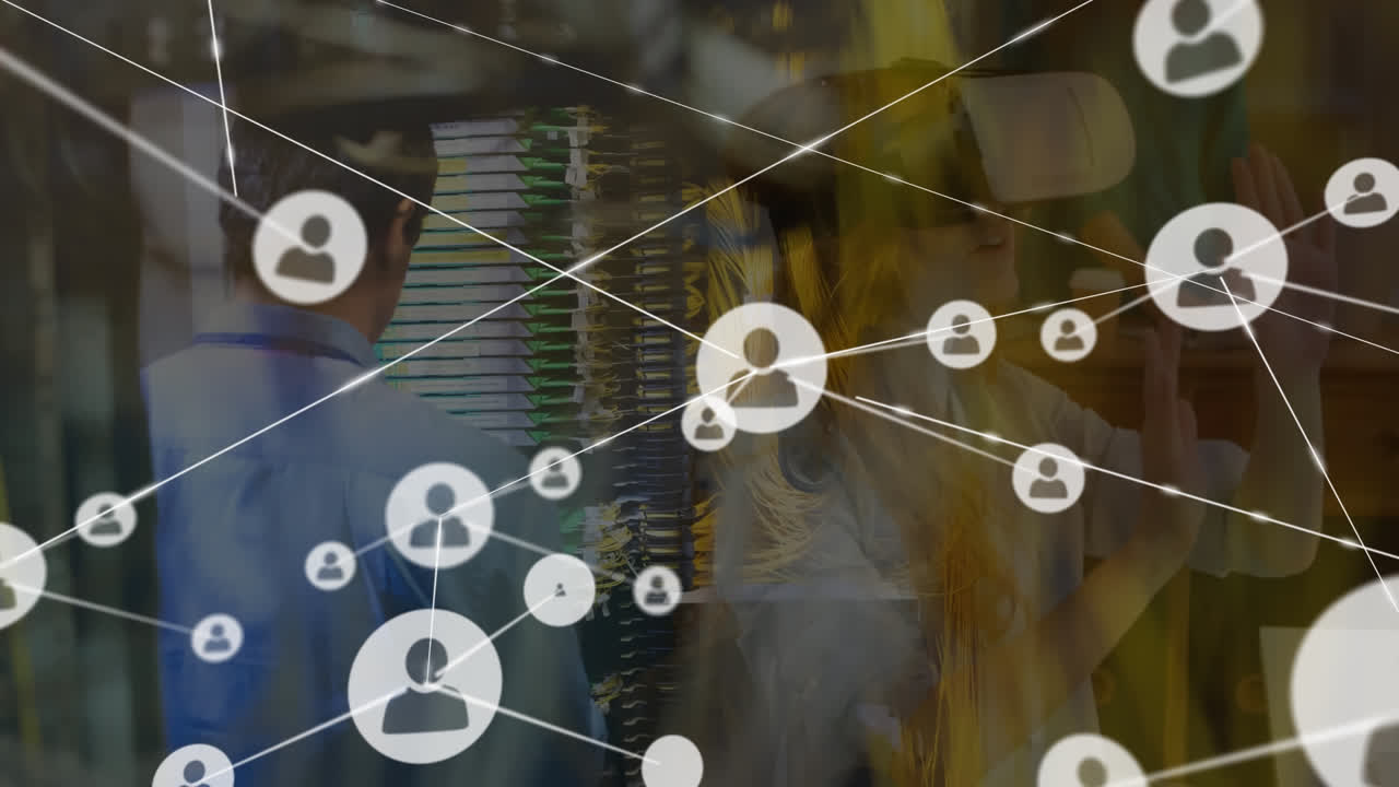 animación de la red de conexiones sobre los trabajadores caucásicos en el almacén