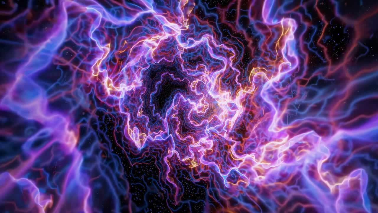 Un vortice dinamico e turbinante di colori neon in un'ambientazione cosmica, catturato da un'angolazione centrale