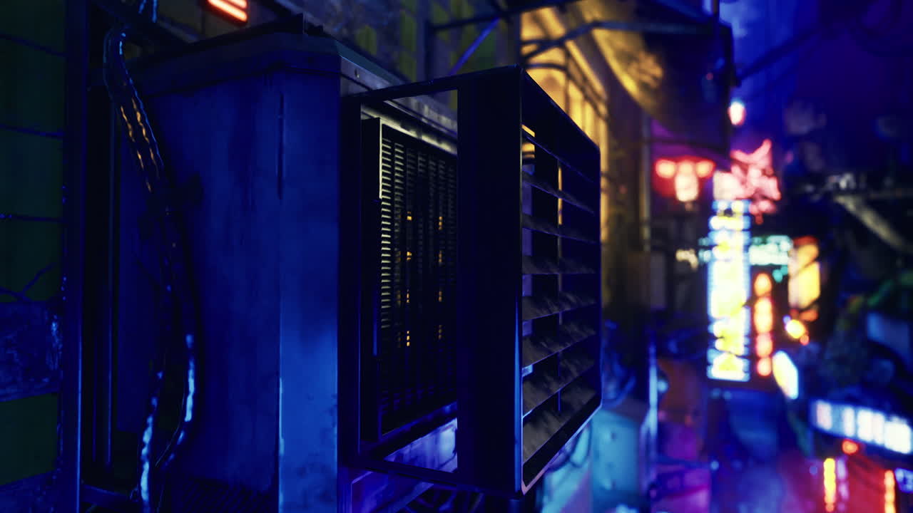 Dramatic nighttime atmosphere in a neon lit urban alley