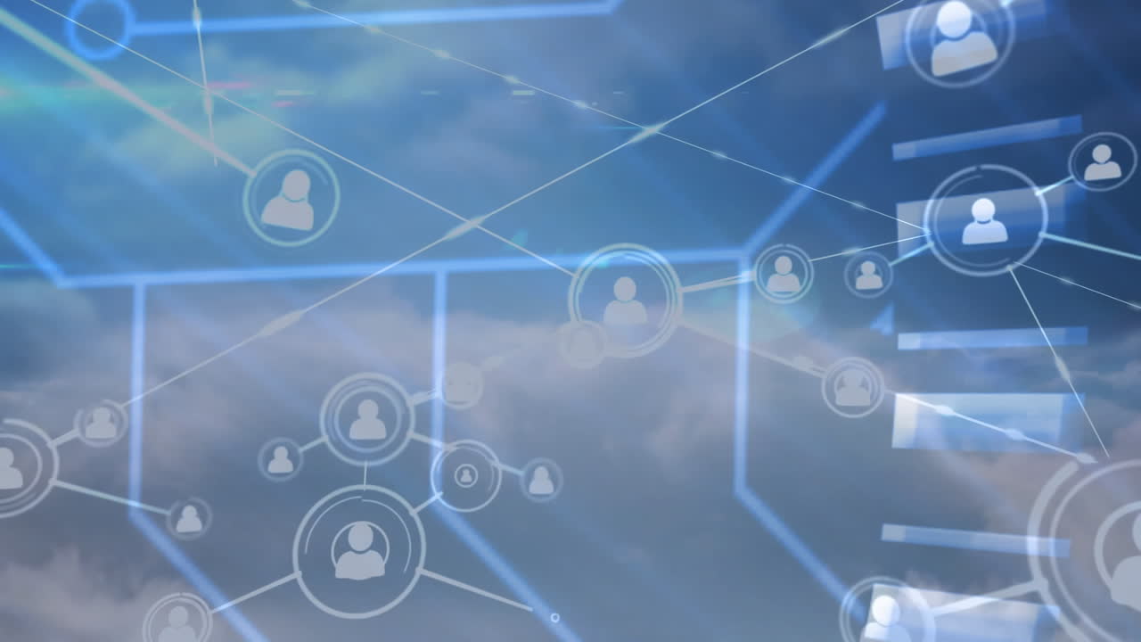 animación de redes de conexiones con iconos en el cielo