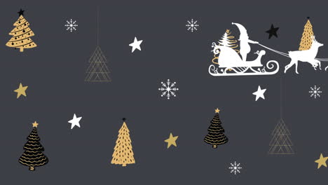 santa claus en trineo siendo tirado por renos contra los iconos del árbol de navidad en fondo gris