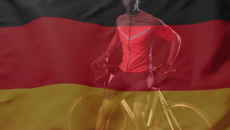 animation of flag of germany over african american male cyclist