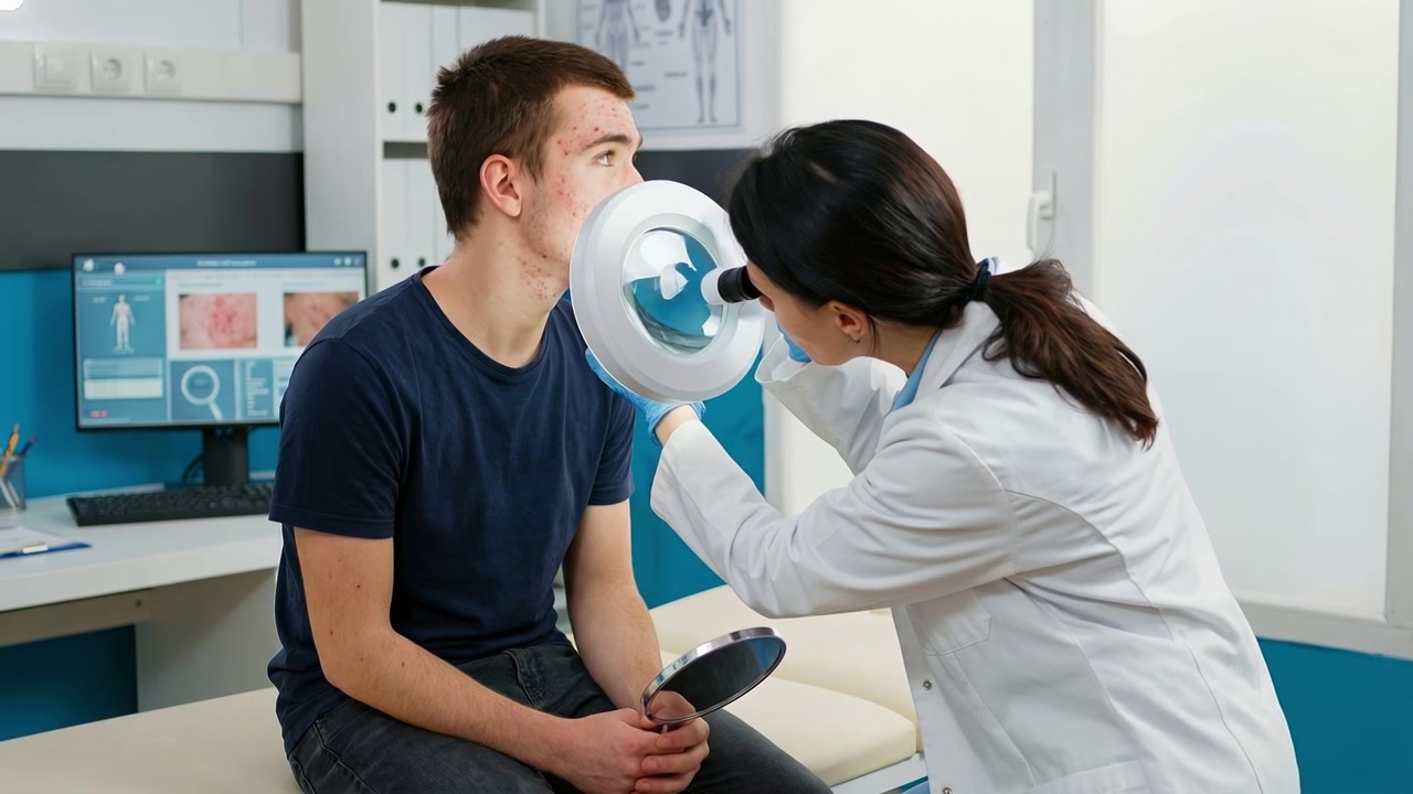 Female dermatologist examining a young male patient skin using a magnifying lamp in a medical clinic