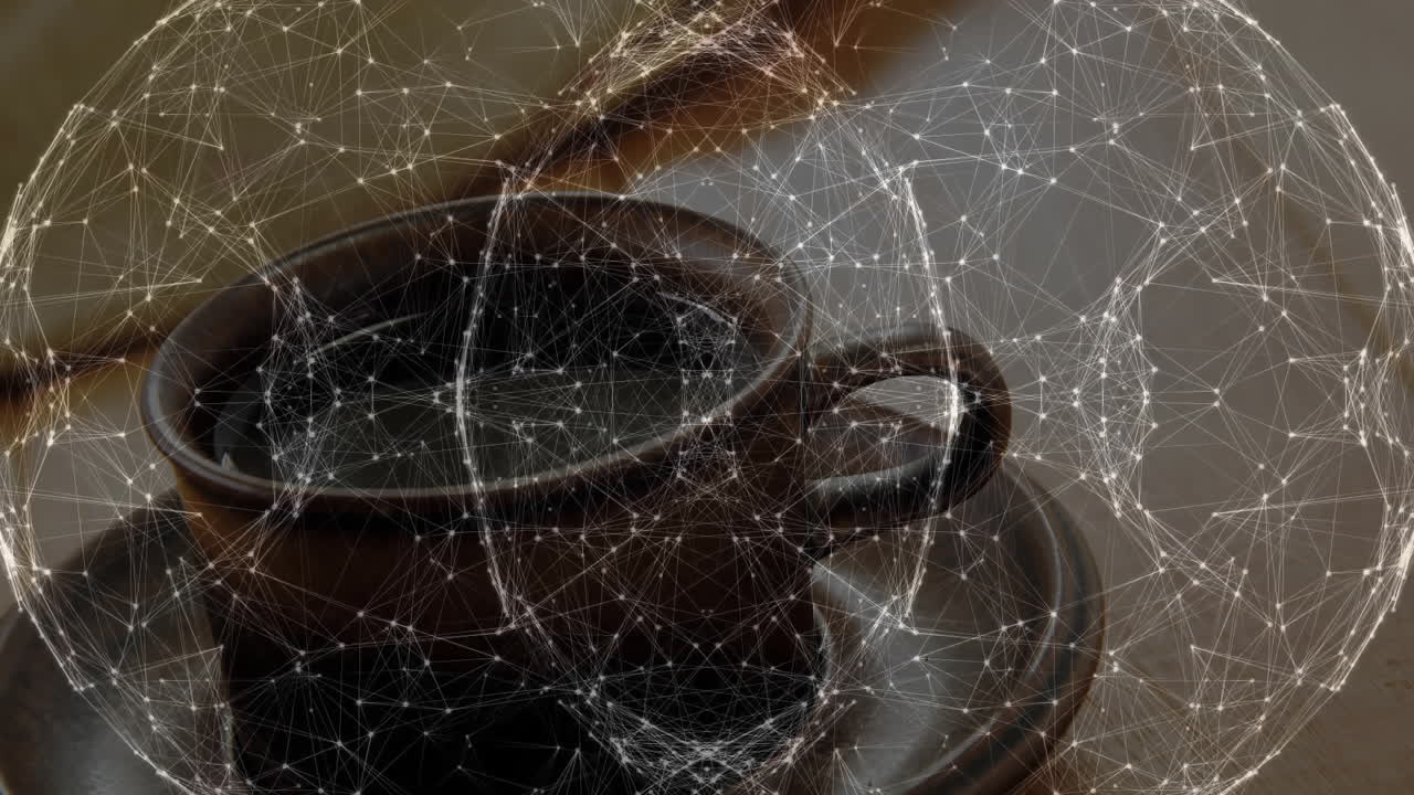 Brown ceramic coffee cup floating on wooden tabletop, displaying digital network overlay